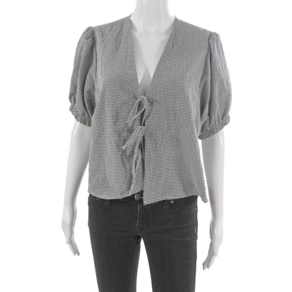 Elan Womens Cropped Black Check V-Neck Short Sleeve Polyester Blouse Size L